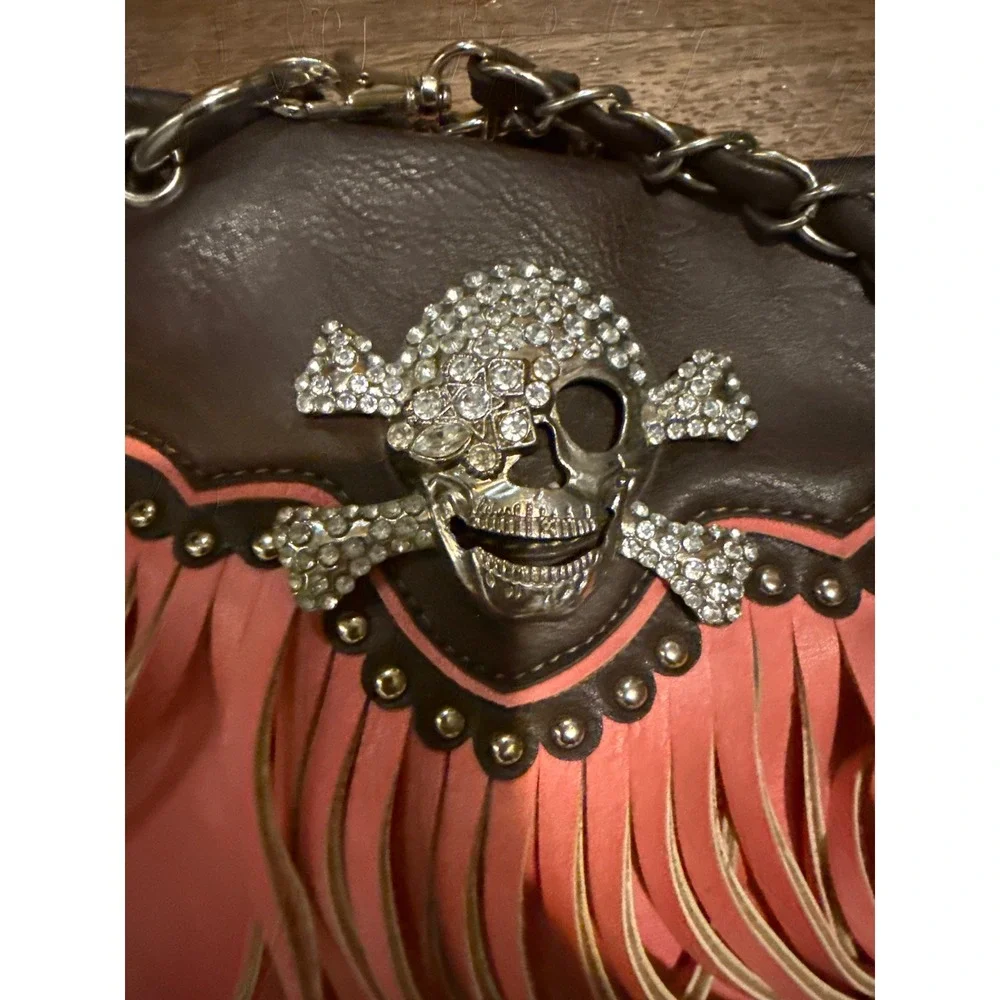 BHW Pink Brown Faux Leather Rhinestone Skull Fringe Crossbody Bag Western Gothic - Picture 6 of 6